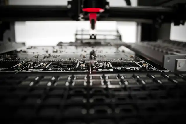 A pick-and-place machine setting surface-mount components onto a panel of circuit boards, component tape reels feeding in below