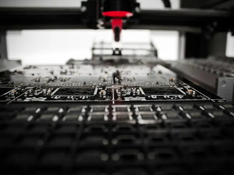 A pick-and-place machine setting surface-mount components onto a panel of circuit boards, component tape reels feeding in below